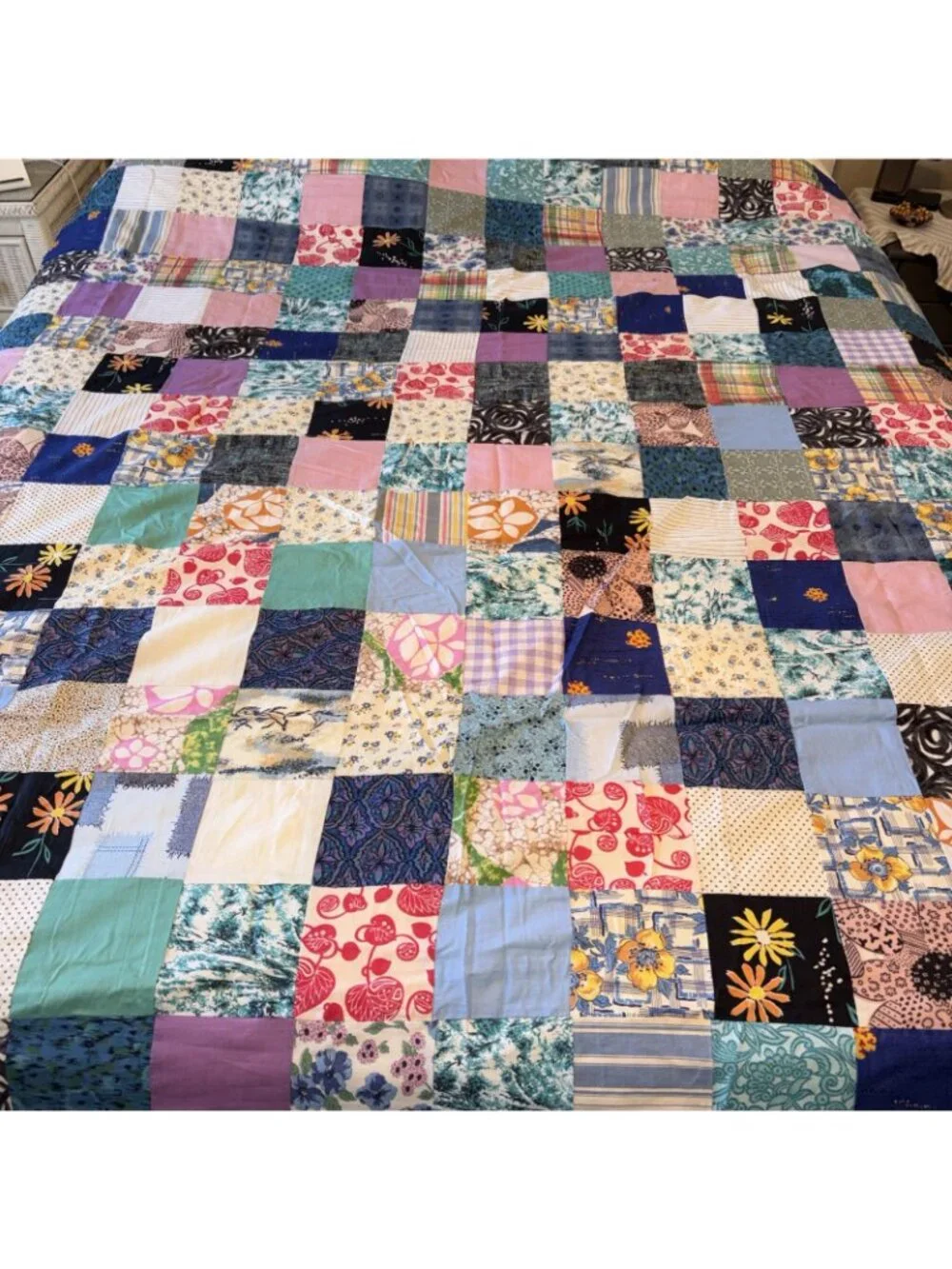 Vintage 68x82 Patchwork Cotton Print Quilt Topper